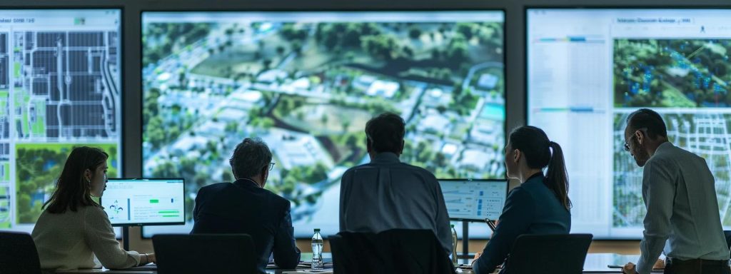 a meticulous urban planning meeting takes place in a sleek conference room, featuring professionals engaged in animated discussion over detailed blueprints and digital models of a stormwater easement project in menangle park, illuminated by sharp fluorescent lights.