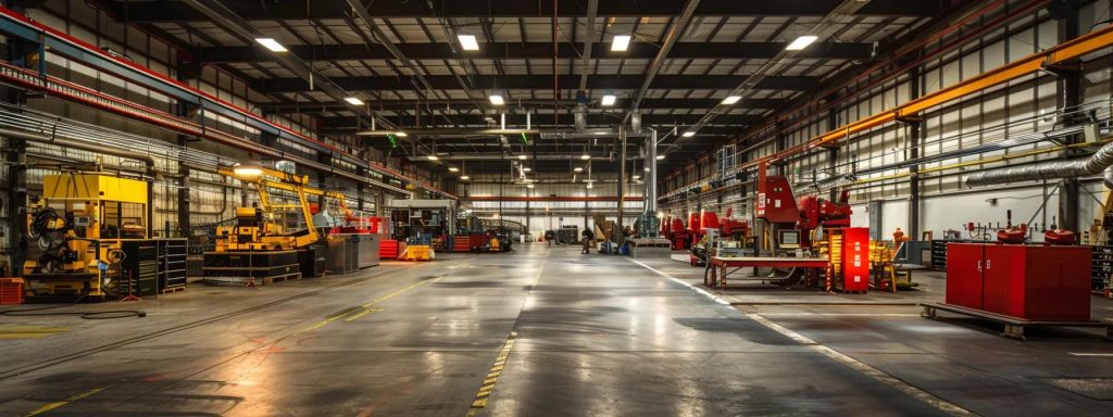a modern industrial plumbing workshop filled with angular machinery and gleaming pipes, showcasing a team of professionals in action, illuminated by bright overhead lights that emphasise the precision and reliability of clearwater's services.
