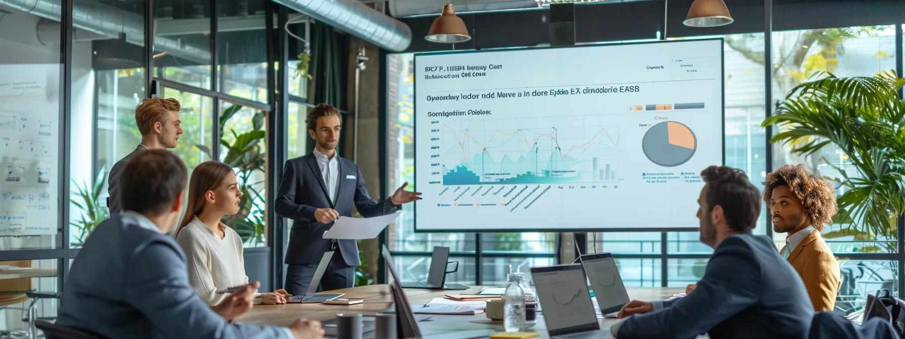 Business meeting in modern office, presenter discussing stormwater management data on screen, team members engaged, laptops and documents on table.