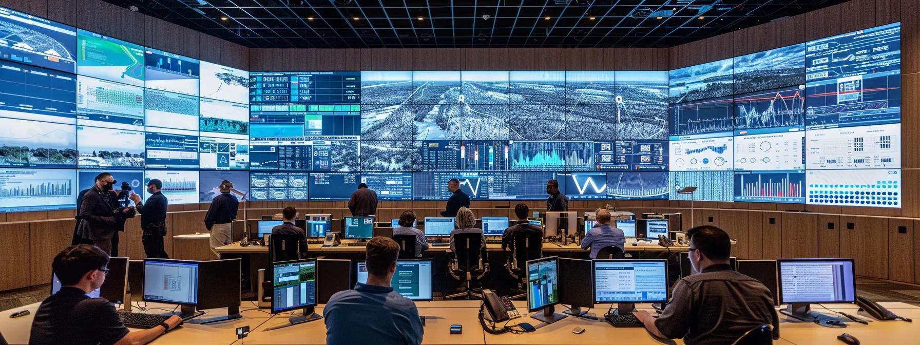 a modern urban control room bustling with activity, featuring large screens displaying real-time data on stormwater flow management systems, automated valves, and sensor analytics, all set against a backdrop of a stormy digital landscape reflecting the urgency of flood prevention in glenmore park.