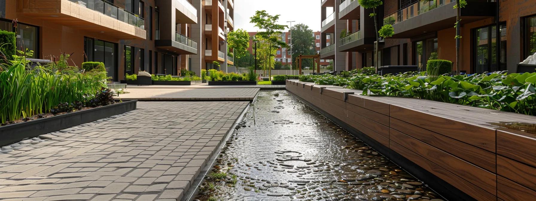 a modern urban development featuring an innovative stormwater management system, with sleek, permeable paving and engineered green infrastructures seamlessly integrated into the property landscape, showcasing the balance between flood protection and environmental sustainability.