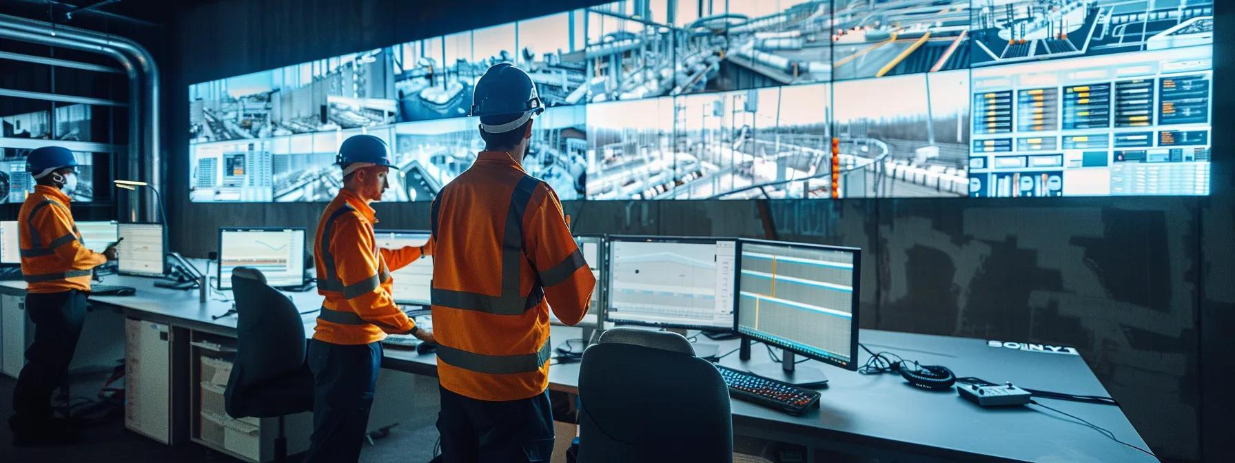 a modern urban infrastructure scene depicting technicians conducting a scheduled inspection of smart stormwater management systems, surrounded by advanced sensors and digital monitoring screens in a clean, organised maintenance facility.