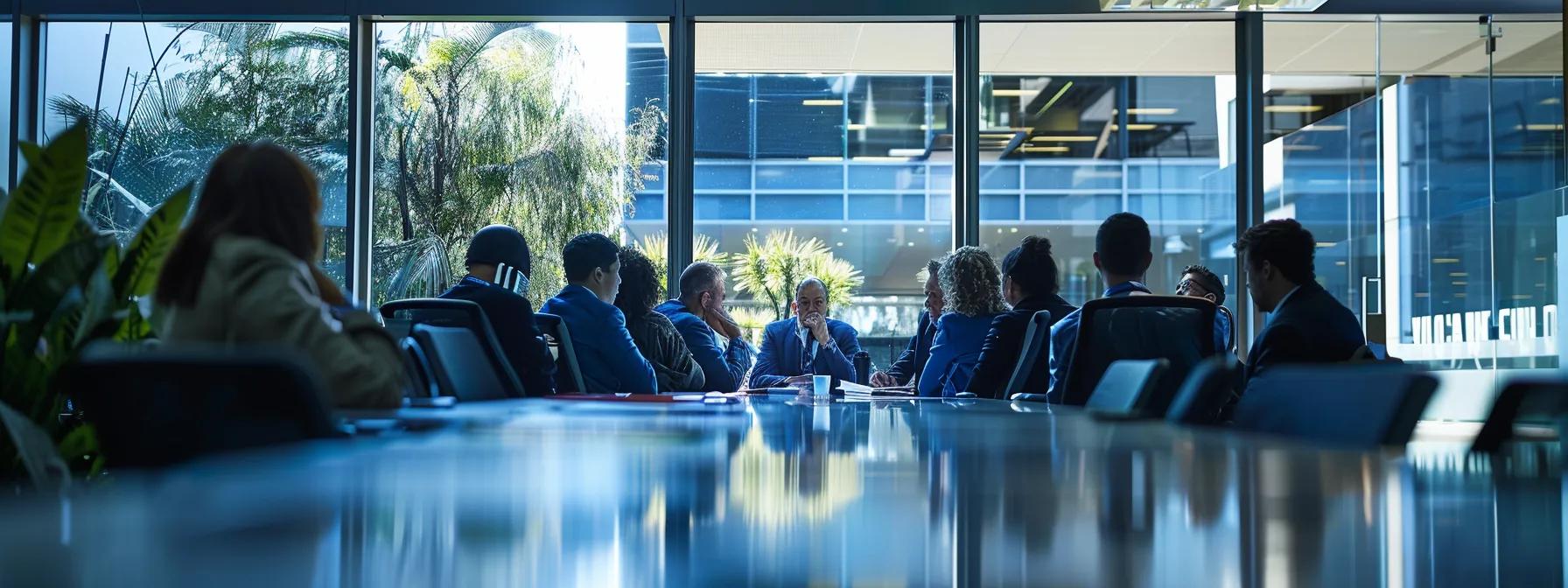 Group of professionals in a modern office meeting, discussing stormwater management solutions, with a focus on collaboration and communication.