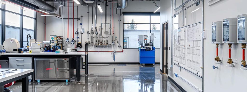 a sleek, modern industrial plumbing office with polished surfaces, vibrant blueprints on the wall, and high-tech plumbing equipment displayed prominently against a backdrop of metallic fixtures and minimalist decor.