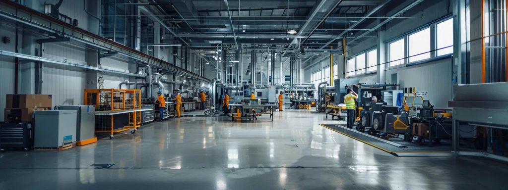 a sleek, modern industrial plumbing workshop bustling with professionals in safety gear, surrounded by an array of specialised tools and equipment, capturing the essence of effective plumbing services for warehouses and factories.