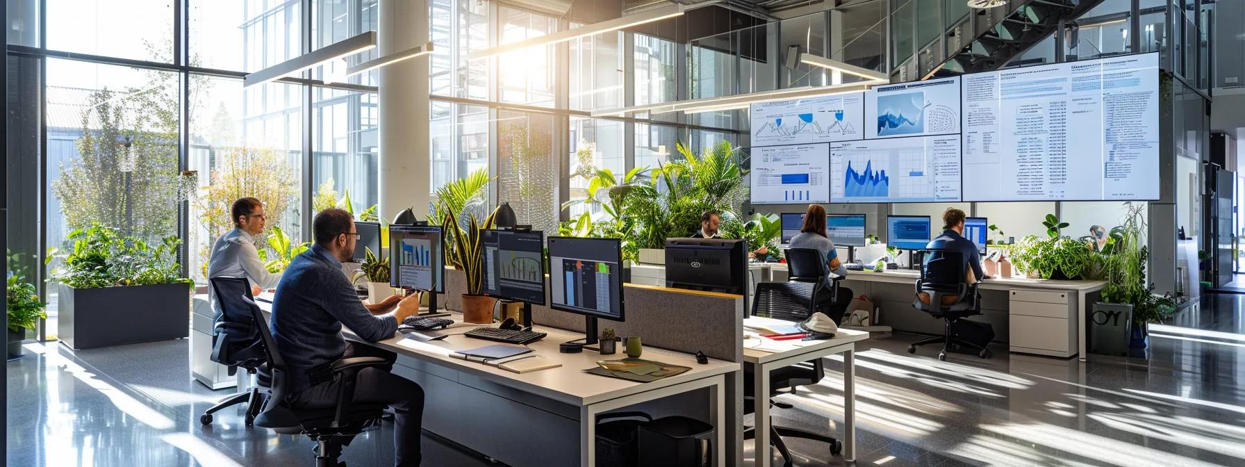 Modern office environment with multiple employees working at desks, large screens displaying data analysis and graphs, surrounded by greenery, emphasizing a collaborative workspace for stormwater easement services.