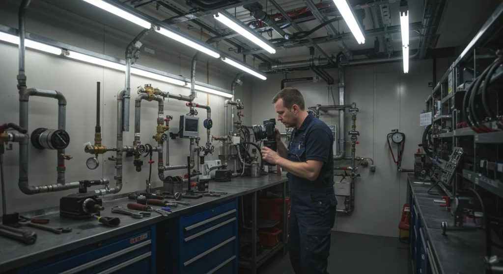 a sleek, modern plumbing workshop filled with gleaming commercial-grade tools and equipment, showcasing a professional technician meticulously inspecting an intricate installation under bright, focused lighting.