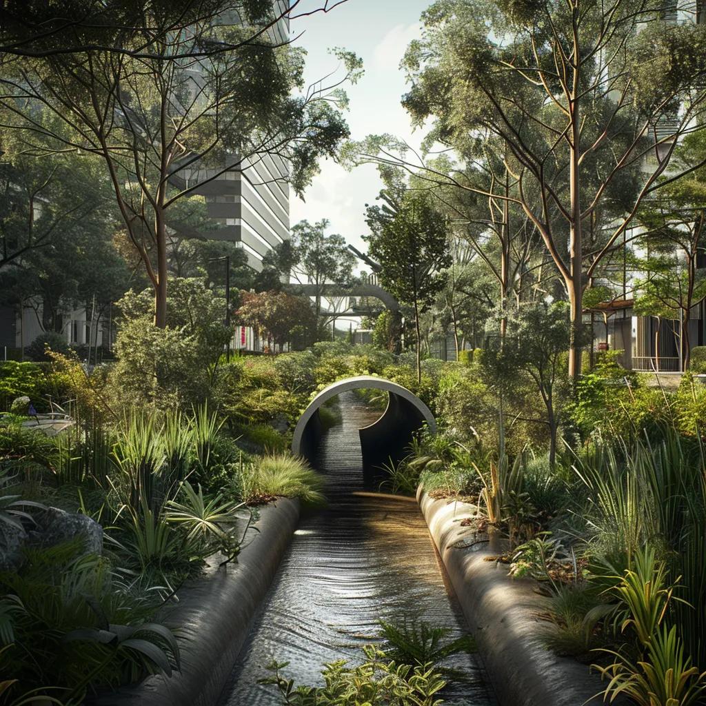 Stormwater easement infrastructure in Sydney with pipes and channels surrounded by urban greenery
