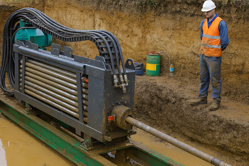 Horizontal bed boring machine in trench with operator, showcasing trenchless technology for plumbing and civil services.