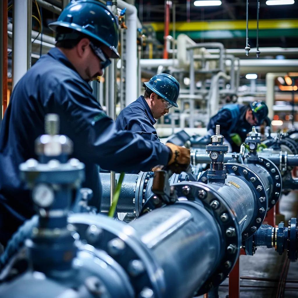 Industrial plumbers working on large pipes in a facility, showcasing expert plumbing services for commercial and industrial projects in Sydney.