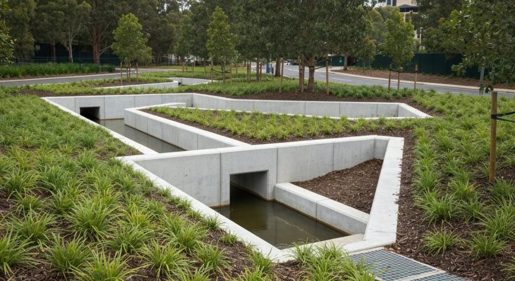 Stormwater easement infrastructure in Sydney with visible drainage systems and green landscaping