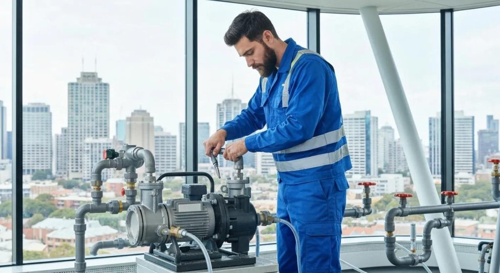 Professional plumber working on commercial plumbing systems in Sydney office