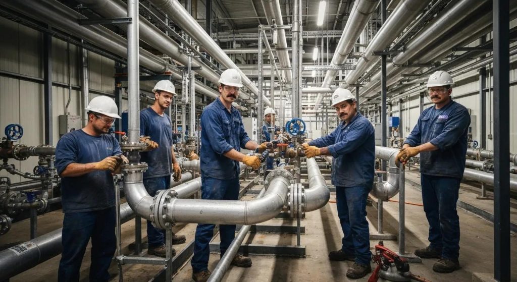 Team of plumbers working on industrial plumbing systems in Northern Beaches