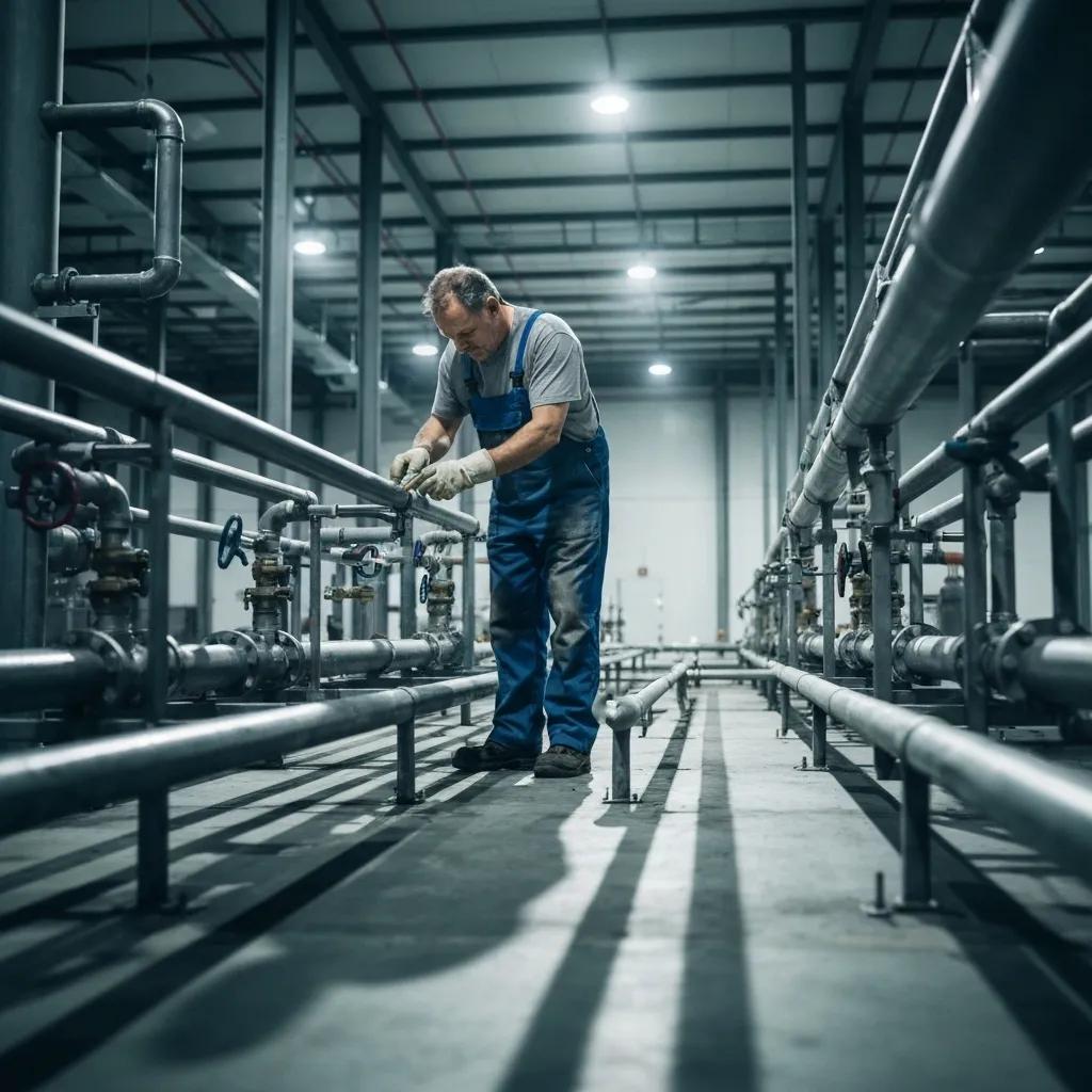 Plumber performing high-pressure drain cleaning in an industrial setting