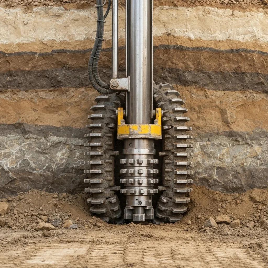 Close-up of a drilling head creating a pilot hole underground, demonstrating the trenchless method of under road boring
