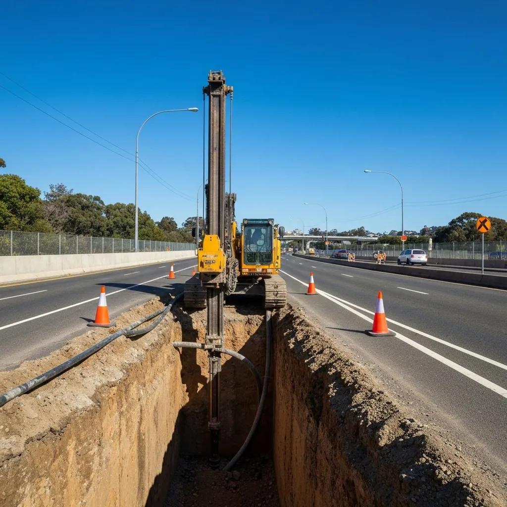 Horizontal directional drilling machine operating under a busy Sydney road, illustrating trenchless technology in action