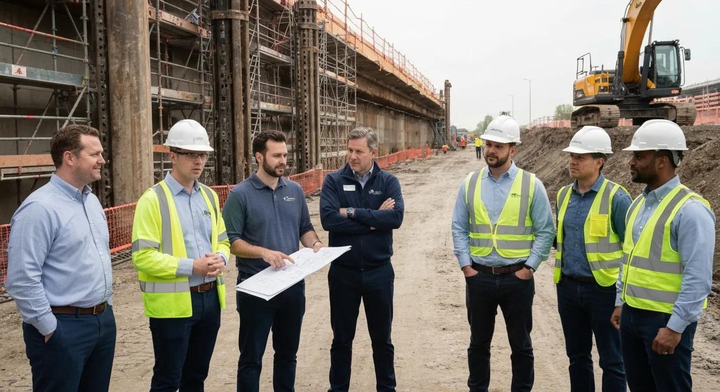 Developers and Engineers discussing successful under road boring projects with Clearwater in construction area setting