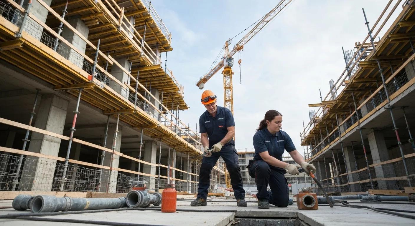 Emergency plumbers addressing a plumbing crisis in a construction area setting
