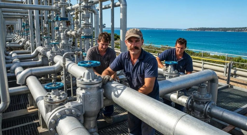 Team of plumbers working on huge industrial plumbing systems near the Northern Beaches
