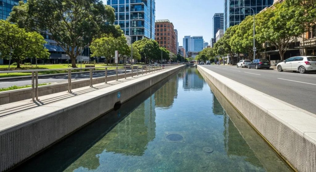 Stormwater easement in Sydney with clear drainage channel and urban landscape
