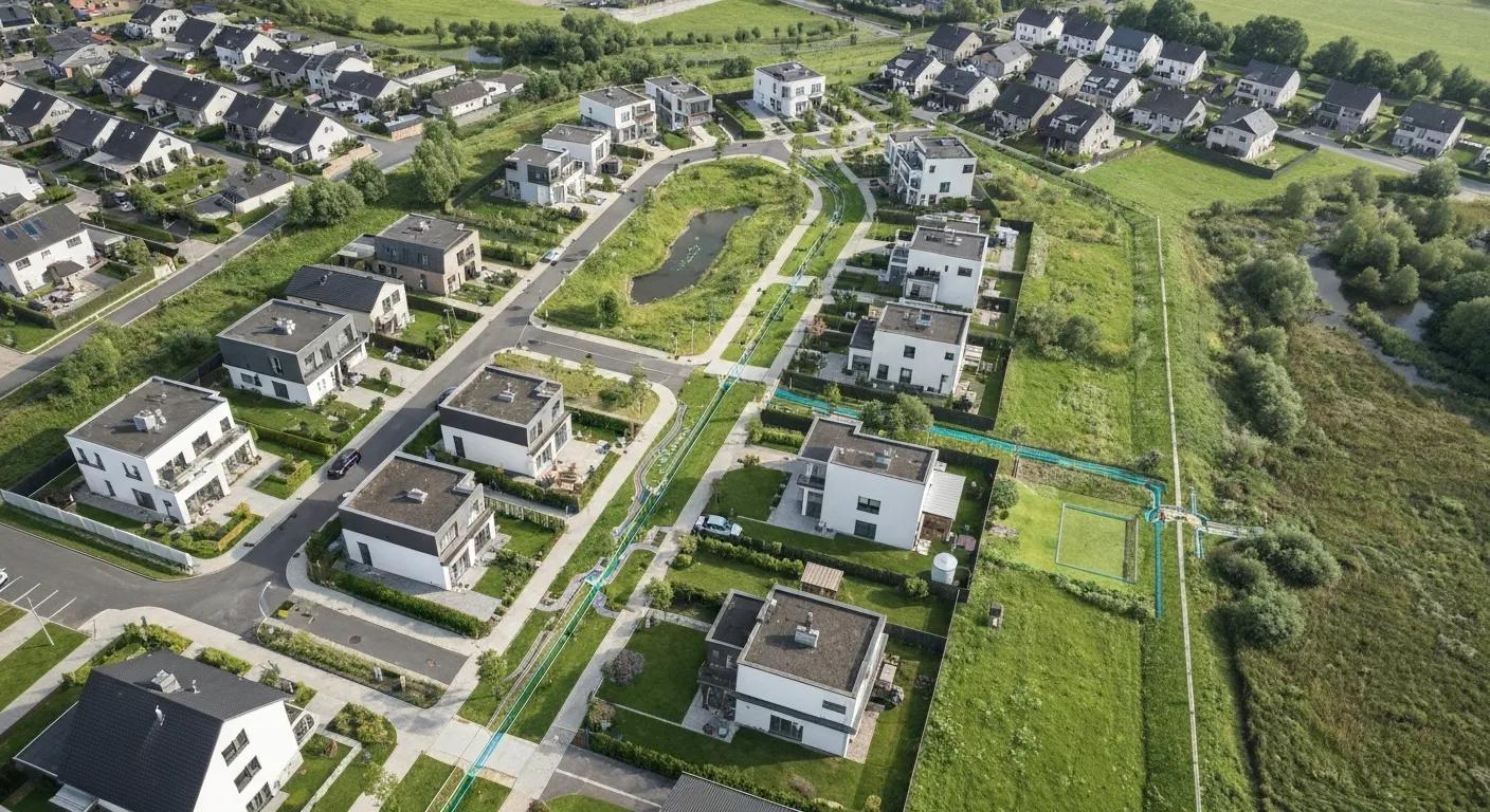 Residential area with stormwater drainage systems for flood mitigation