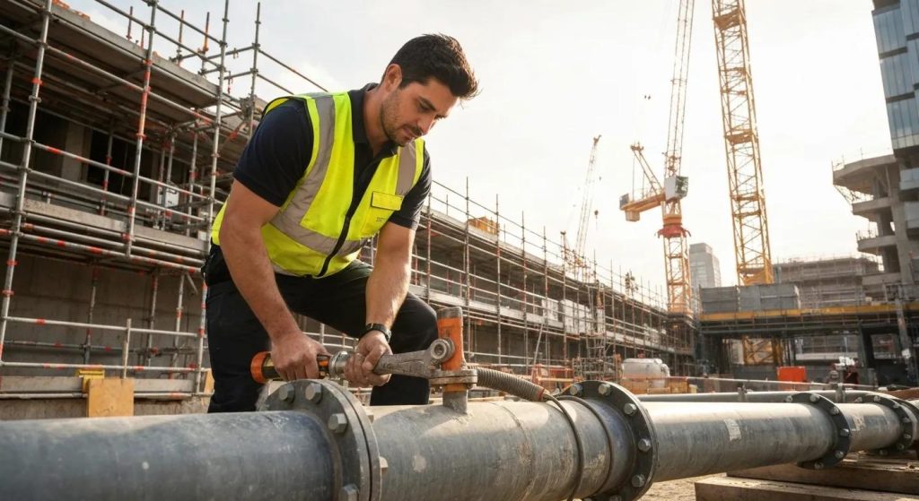 Professional plumber working on a large pipe systems in a Sydney construction environment