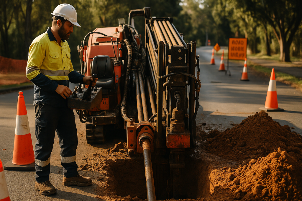 Worker operating trenchless drilling equipment for commercial plumbing installation in Pitt Town, surrounded by traffic cones and construction signs.
