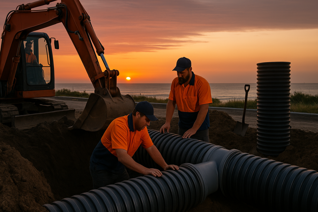 Two workers in safety gear installing large black drainage pipes at a construction site during sunset, with an excavator in the background and a scenic coastal view.
