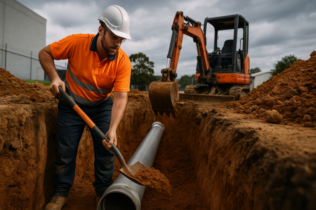 Worker in orange safety gear digging a trench for industrial plumbing installation, with a mini excavator in the background, highlighting essential plumbing infrastructure for Pitt Town's industrial growth.