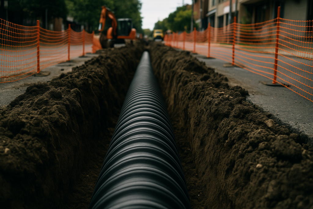 Excavated trench with black piping installed for underground infrastructure, surrounded by orange safety fencing, illustrating modern trenchless technology for plumbing in urban development.