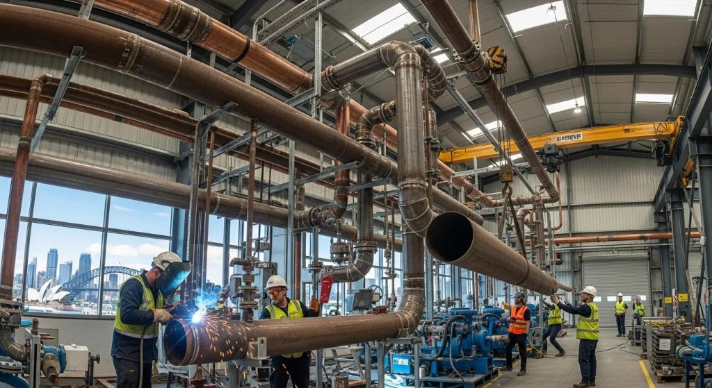 Industrial plumbing installation in Sydney with workers and large pipes