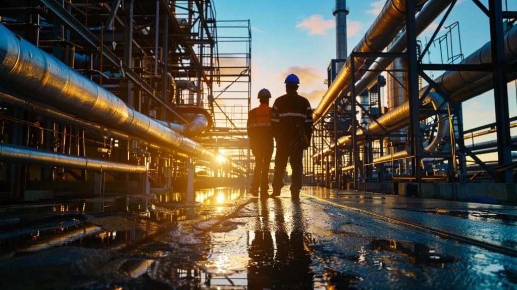 A modern commercial plumbing team working on large-scale infrastructure in Sydney, showing civil equipment, pipes, and technicians on-site with a clear blue sky, detailed textures, realistic lighting, professional aesthetic.