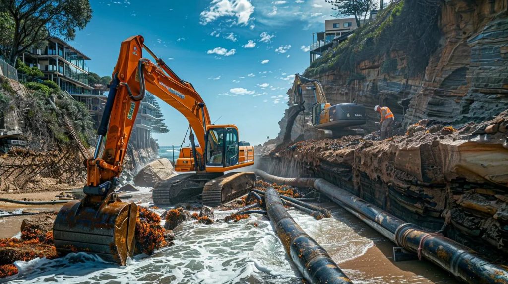 A professional commercial plumbing team working along the Northern Beaches coastline, showcasing civil equipment, pipework installation and excavators on a sunny coastal commercial site, realistic lighting and natural tones.