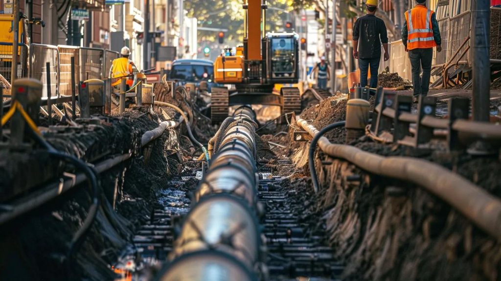 A trenchless under-road boring operation in Sydney with modern drilling equipment, technicians managing alignment, underground service plans visible, natural lighting, and commercial infrastructure in the background.