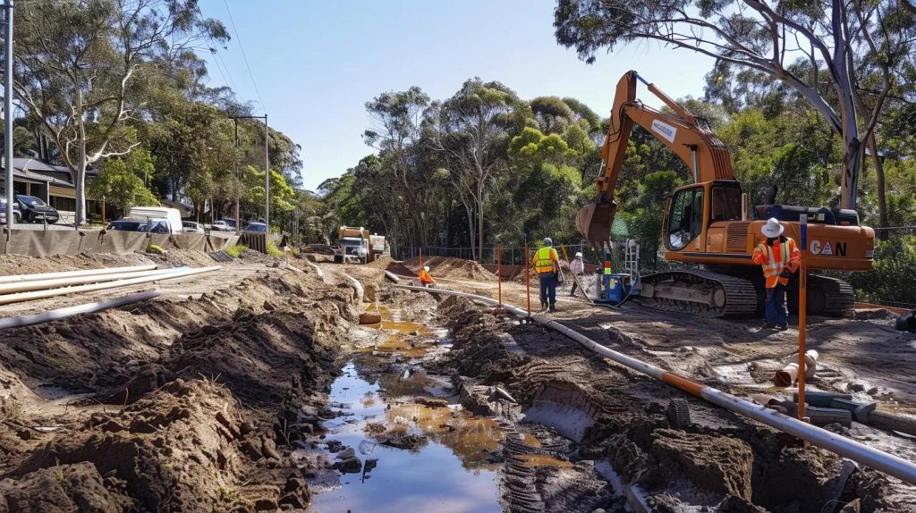 A detailed civil stormwater easement installation scene in Sydney, featuring survey equipment, drainage pipes, excavators, technicians assessing plans on-site, with suburban and commercial surroundings under natural daylight.