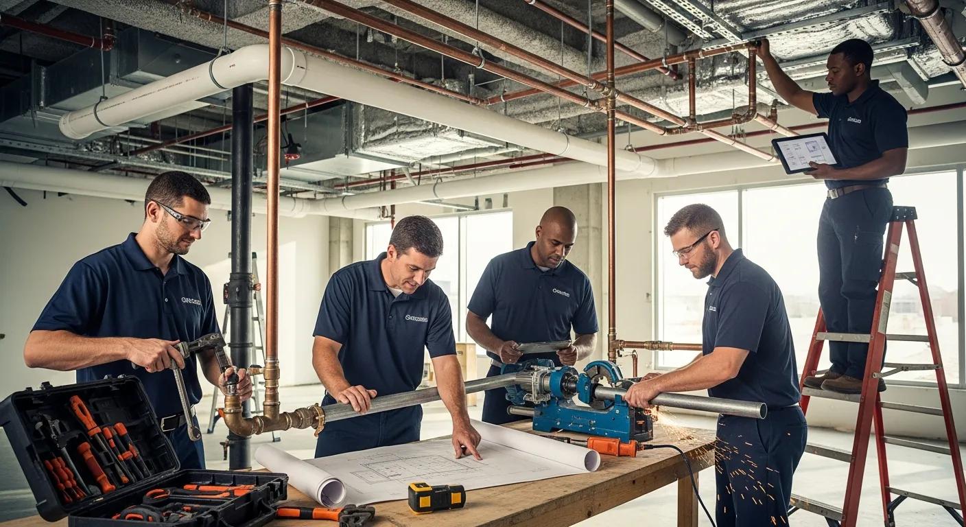 Team of skilled plumbers collaborating on a commercial plumbing project, emphasizing expertise and teamwork