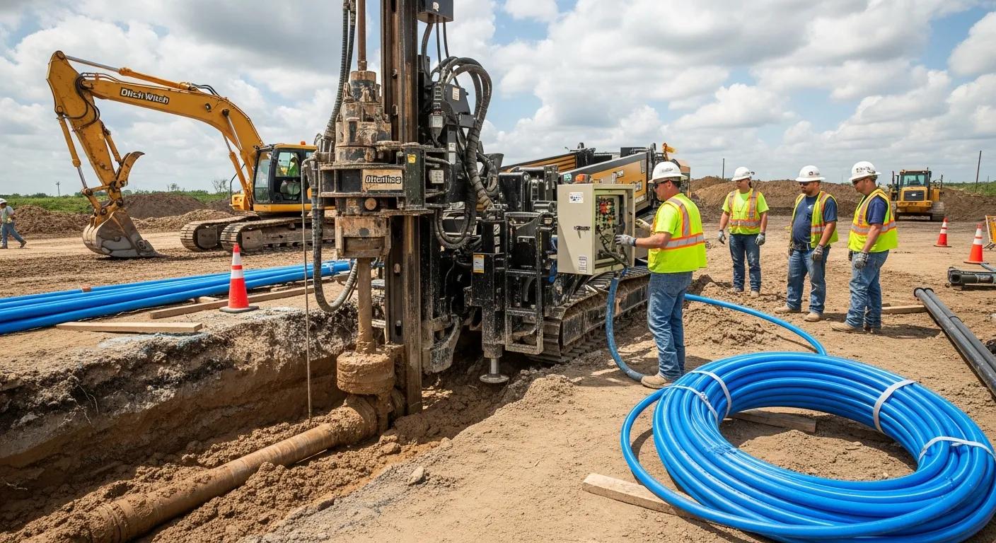 Directional boring machine in action at a construction site, showcasing trenchless technology for plumbing
