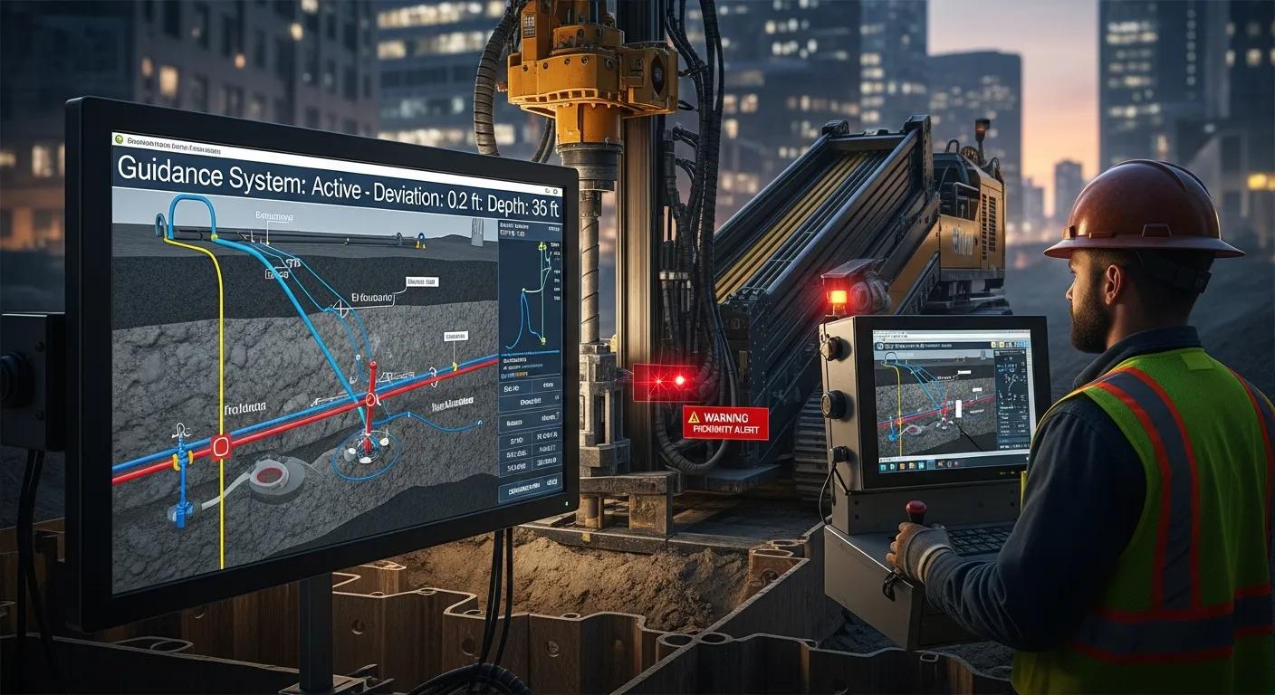 Man operating a guidance system for Horizontal Directional Drilling, monitoring utility installation depth and alignment on a digital screen, with construction equipment in an urban setting.