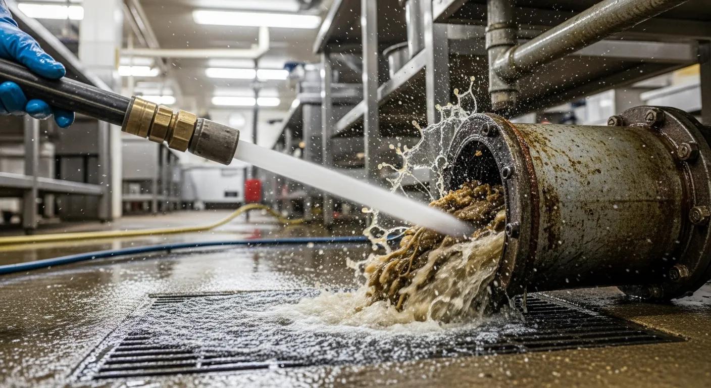 Hydro jetting process clearing a blocked commercial drain with high-pressure water