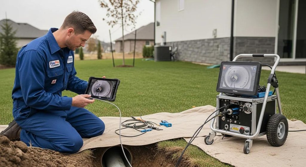 Professional plumber inspecting sewer line with modern tools in residential setting