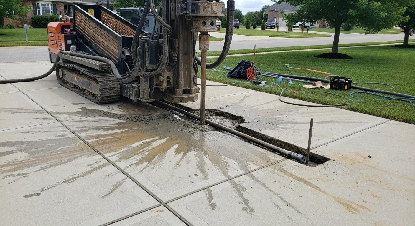 Directional boring machine performing trenchless drainage installation under a driveway