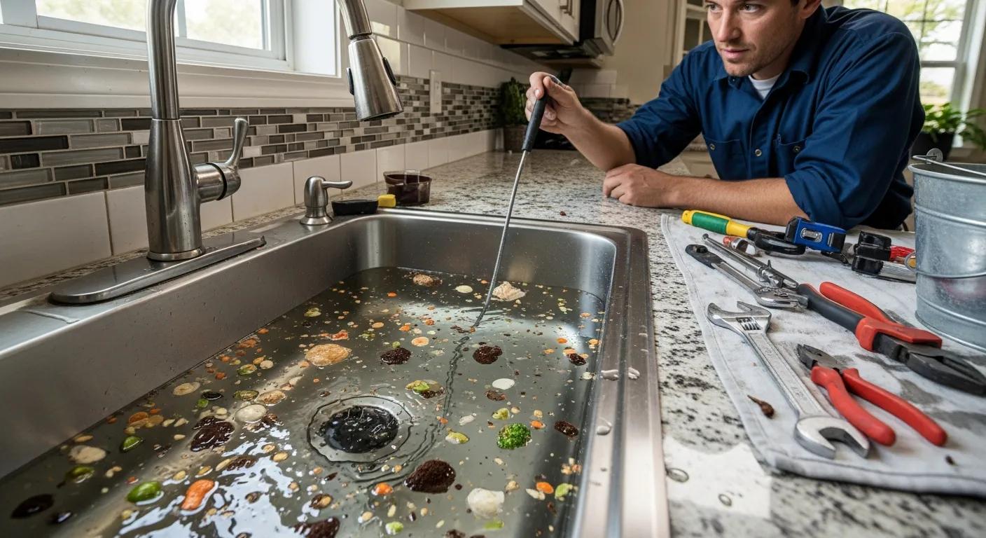 Plumber inspecting a blocked kitchen sink filled with debris and stagnant water, surrounded by plumbing tools on a countertop, illustrating common symptoms of drain obstruction in urban settings.