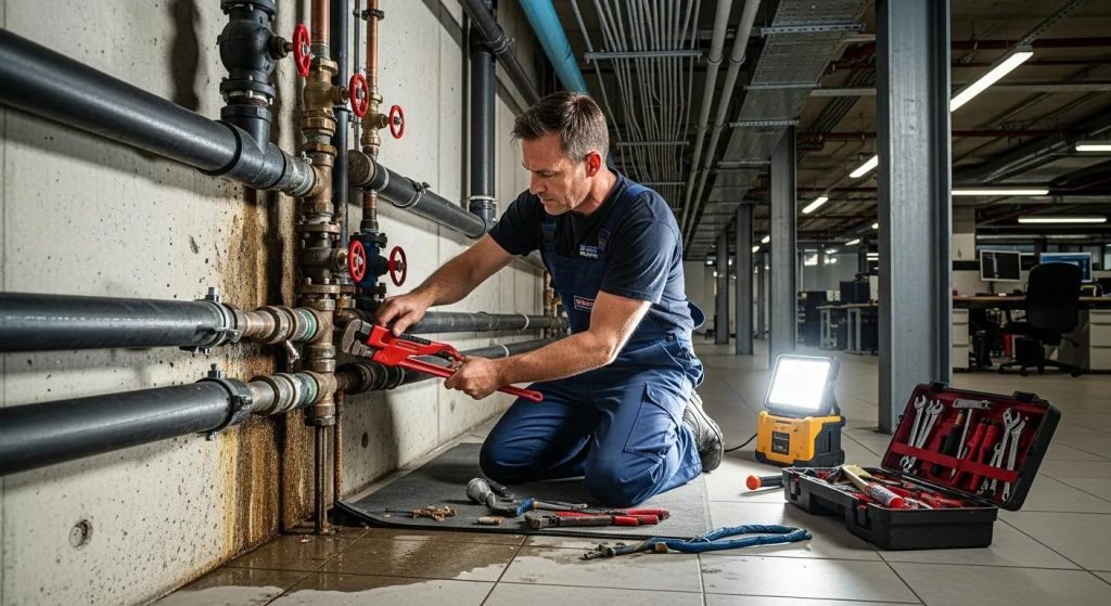 Commercial plumbing technician repairing plumbing system in a business environment
