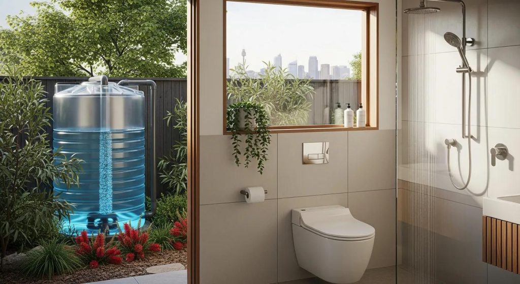 Eco-friendly plumbing setup in a Sydney home featuring low-flow fixtures and rainwater harvesting