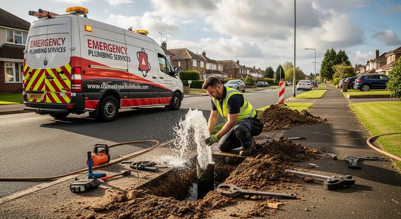 Emergency plumber repairing a burst pipe with water spraying from the ground, alongside a marked emergency plumbing van on a residential street, highlighting urgent plumbing services in Sydney.