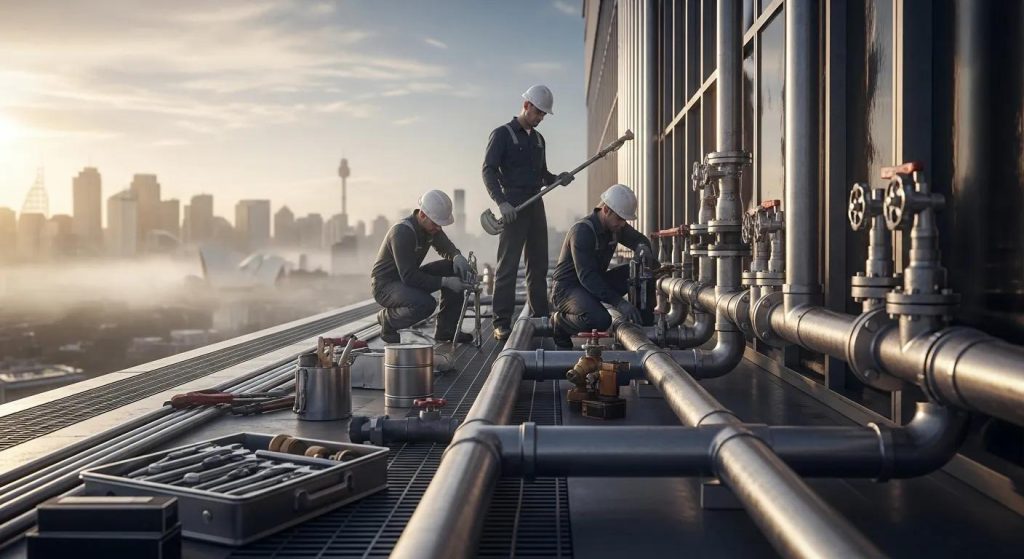A dramatic, ultra-realistic wide-screen scene of a professional commercial plumbing team working on a large Sydney building at dawn. Subtle golden light reflects off high-rise windows as plumbers inspect pipes, valves and industrial plumbing systems. Stainless steel tools, organised equipment and exposed commercial pipework create a sense of precision and expertise. Soft mist rises from the cool morning air, with Sydney’s skyline blurred in the background for atmosphere. High resolution, cinematic depth, no text.