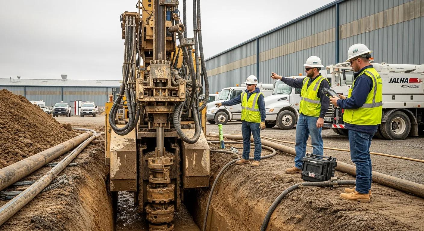 Trenchless boring machine operating at an industrial plumbing site