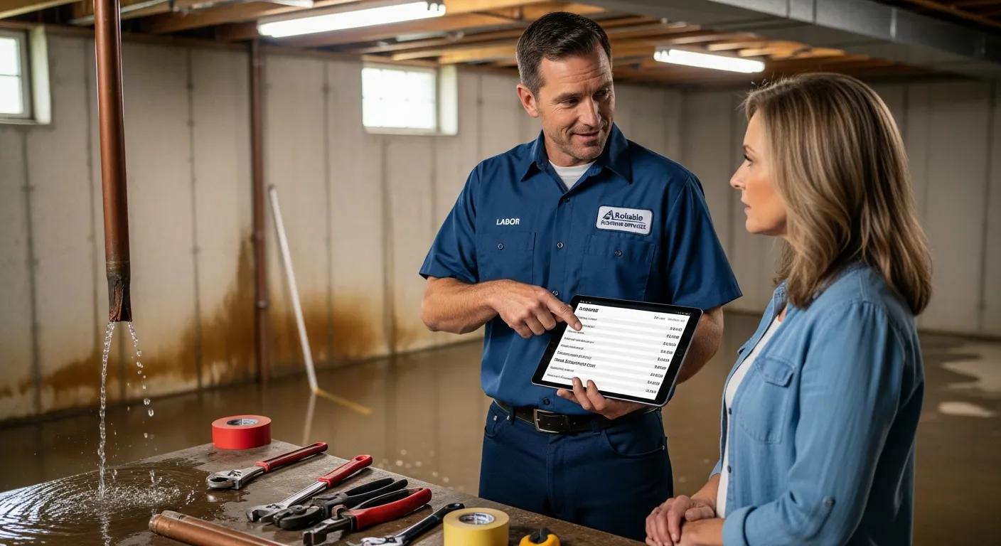 Plumber discussing burst pipe repair options with a homeowner in a flooded basement, showcasing tools and tablet with cost estimates.