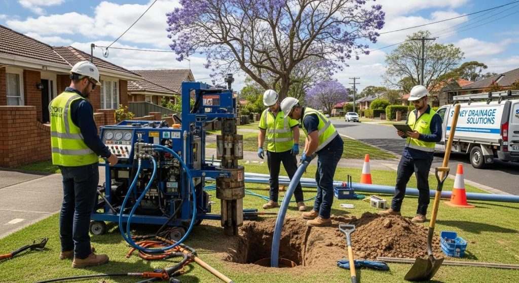 Sydney drainage installation team using trenchless technology in a residential area