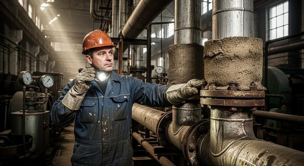 Industrial plumber inspecting large pipes in a factory setting